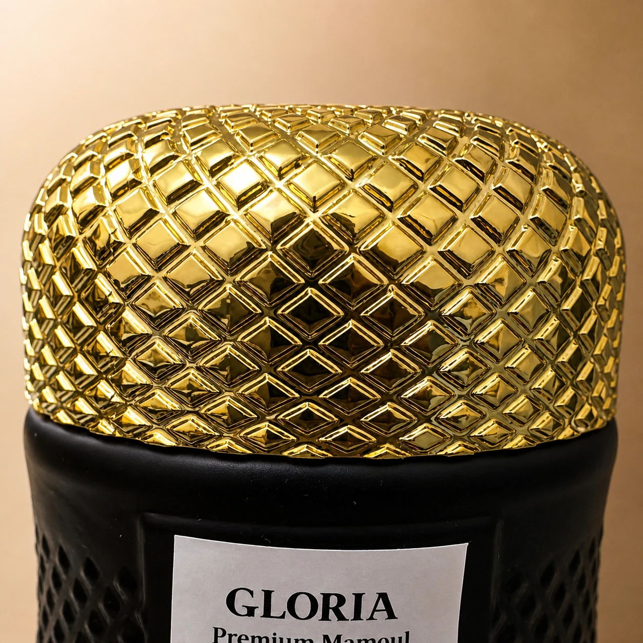 Close detail of the gold quilted lid