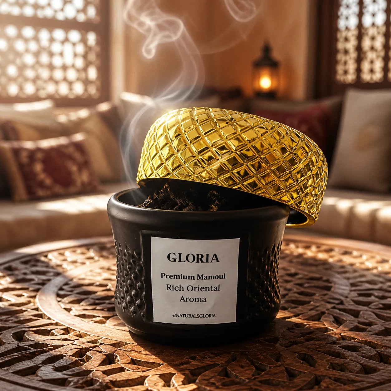 The jar open in a sunlit majlis, a thread of smoke rising